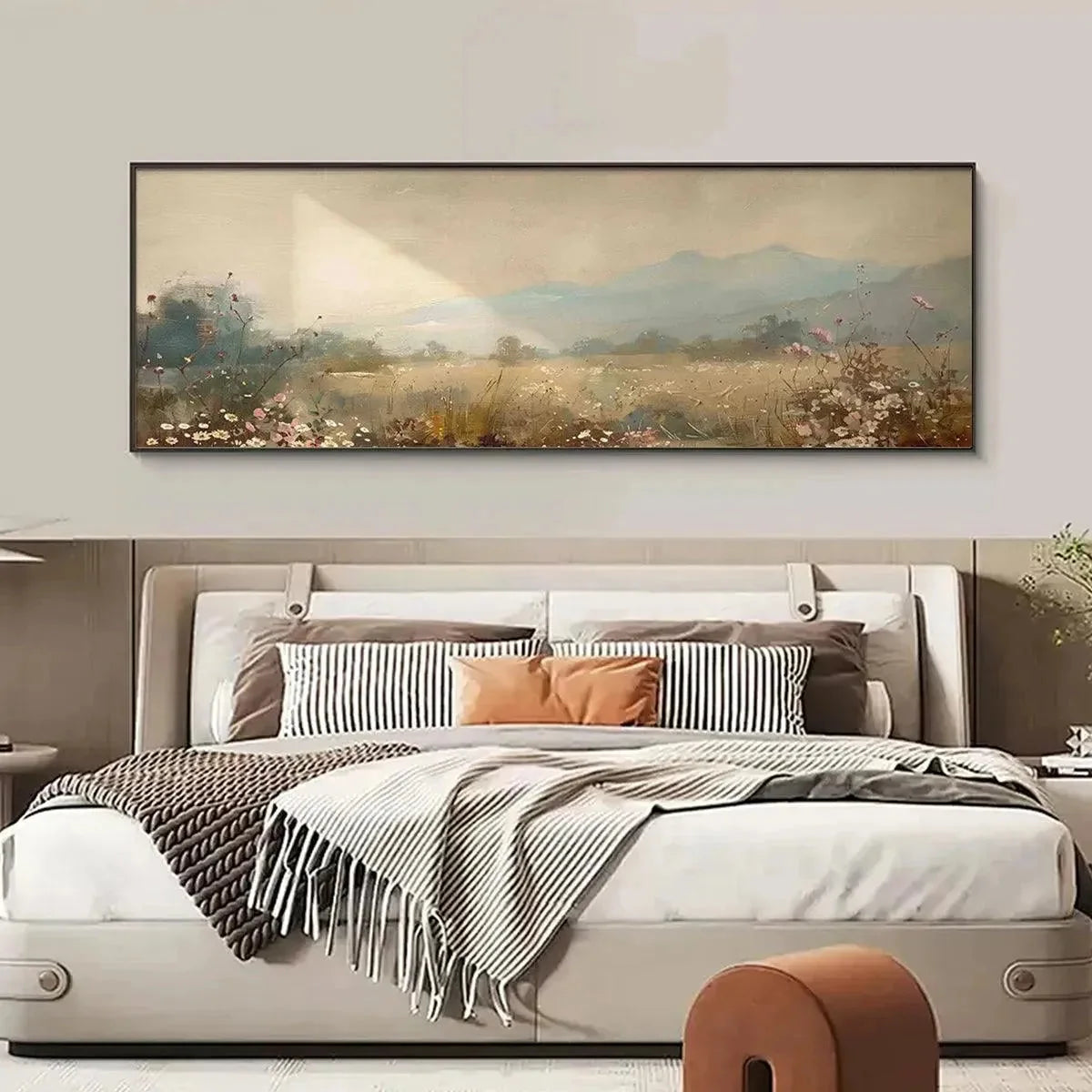 MEADOW VALLEY PANORAMIC: Landscape Painting, Panoramic Wall Art | texture detail, palette knife marks visible