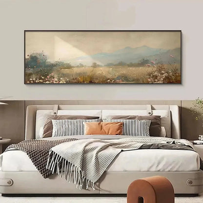 MEADOW VALLEY PANORAMIC: Landscape Painting, Panoramic Wall Art | texture detail, palette knife marks visible