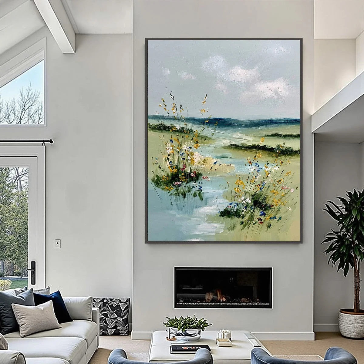 MEADOW WHISPERS: Textured Vertical Landscape Painting of a Wildflower Meadow | Landscape closeup, raised brushwork detail