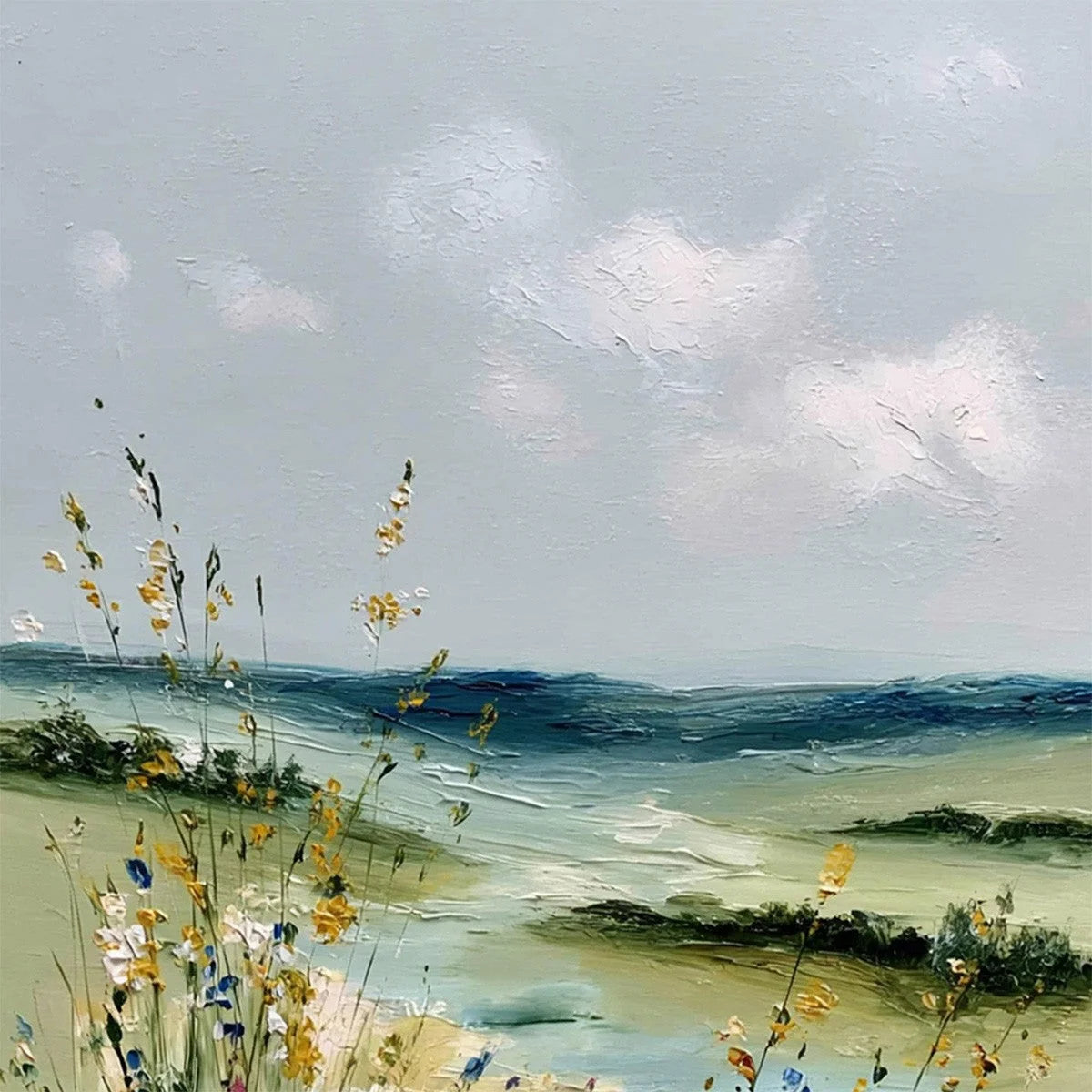 MEADOW WHISPERS: Textured Vertical Landscape Painting of a Wildflower Meadow | rectangular format, hand-painted canvas edge