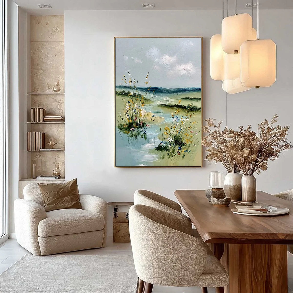 MEADOW WHISPERS: Textured Vertical Landscape Painting of a Wildflower Meadow | gold frame stretched on neutral wall