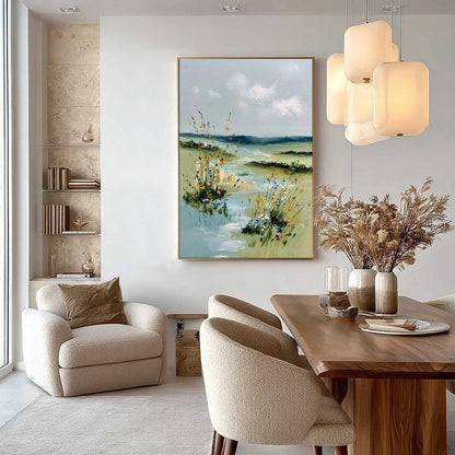 MEADOW WHISPERS: Textured Vertical Landscape Painting of a Wildflower Meadow | gold frame stretched on neutral wall