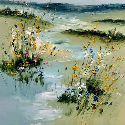MEADOW WHISPERS: Textured Vertical Landscape Painting of a Wildflower Meadow | rolled canvas, ready for custom framing