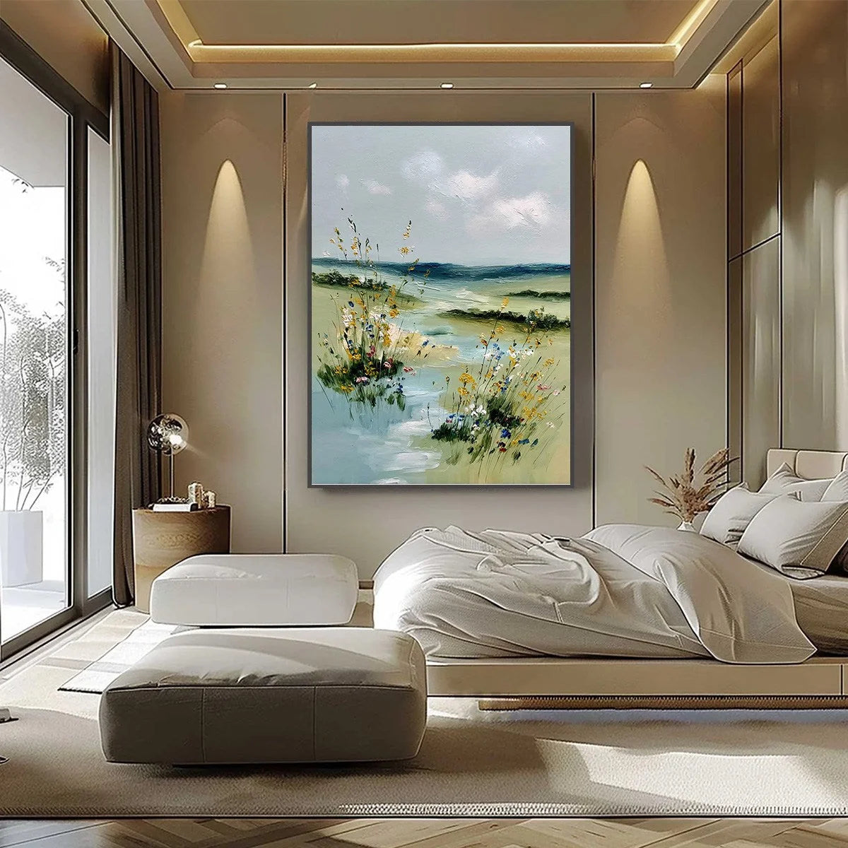 MEADOW WHISPERS: Textured Vertical Landscape Painting of a Wildflower Meadow | black frame version on white wall