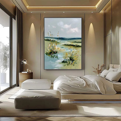 MEADOW WHISPERS: Textured Vertical Landscape Painting of a Wildflower Meadow | black frame version on white wall