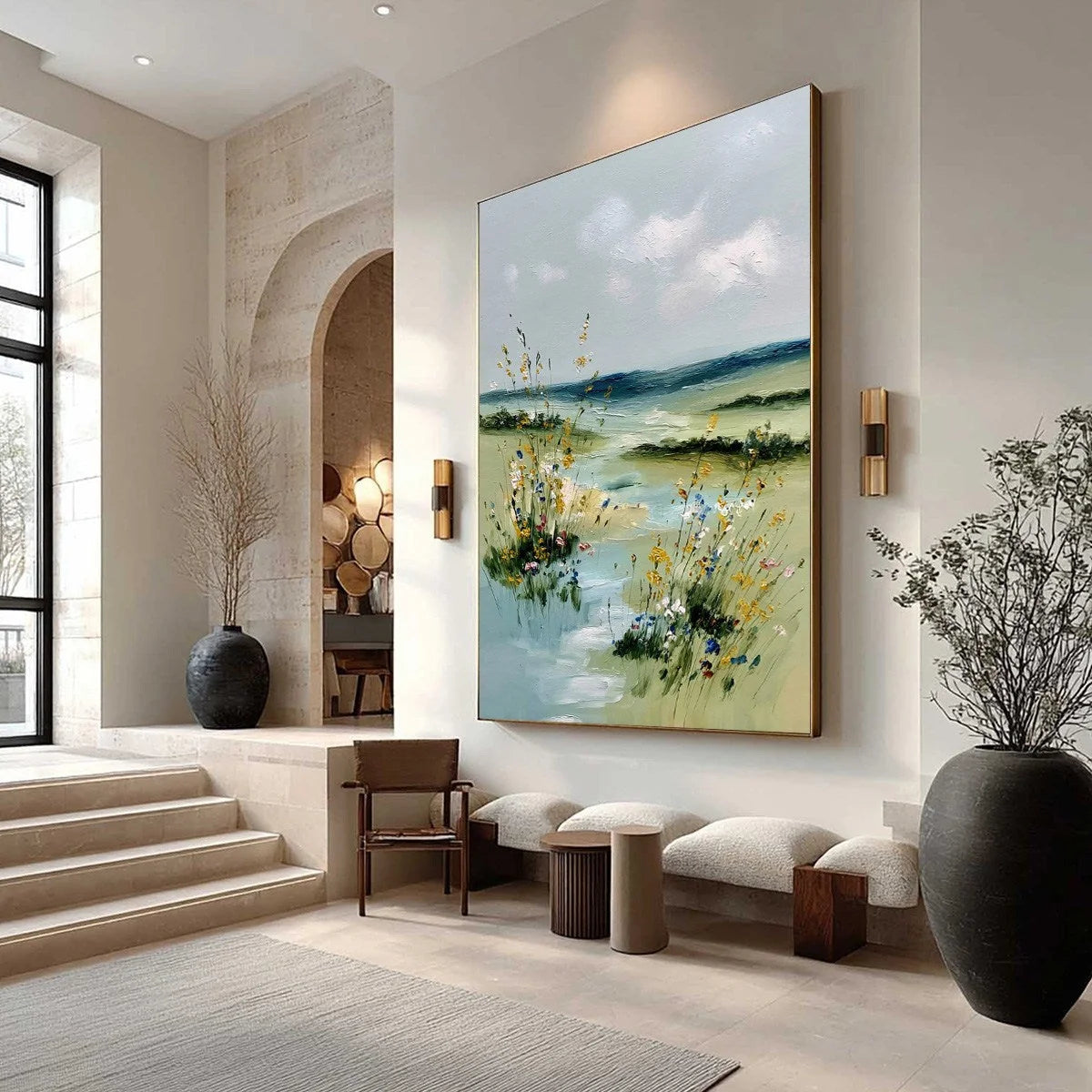 MEADOW WHISPERS: Textured Vertical Landscape Painting of a Wildflower Meadow | Landscape mood, soft natural light studio shot