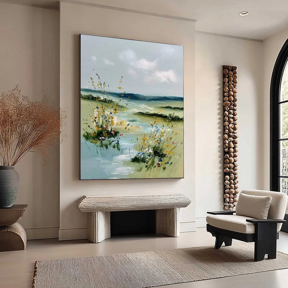 MEADOW WHISPERS: Textured Vertical Landscape Painting of a Wildflower Meadow | multi-color palette, original oil on stretched canvas art