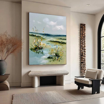 MEADOW WHISPERS: Textured Vertical Landscape Painting of a Wildflower Meadow | multi-color palette, original oil on stretched canvas art
