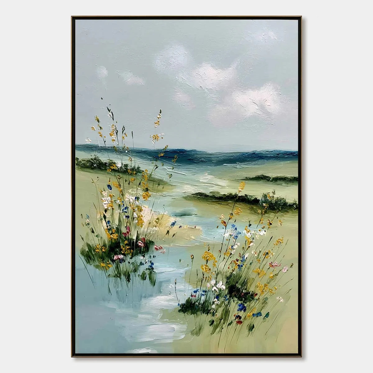 MEADOW WHISPERS: Textured Vertical Landscape Painting of a Wildflower Meadow | hanging in living room, Landscape wall art