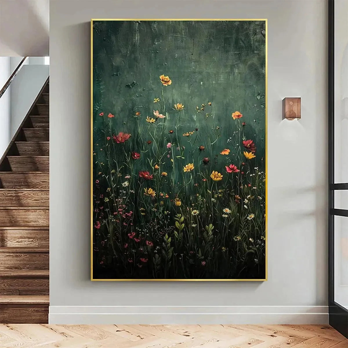 MEADOW'S EMBRACE: Moody Floral Botanical Painting, Vertical Wall Art | Abstract closeup, raised brushwork detail