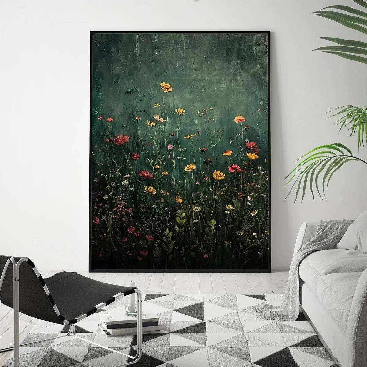 MEADOW'S EMBRACE: Moody Floral Botanical Painting, Vertical Wall Art | gold frame stretched on neutral wall