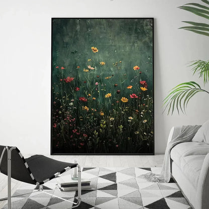 MEADOW'S EMBRACE: Moody Floral Botanical Painting, Vertical Wall Art | gold frame stretched on neutral wall