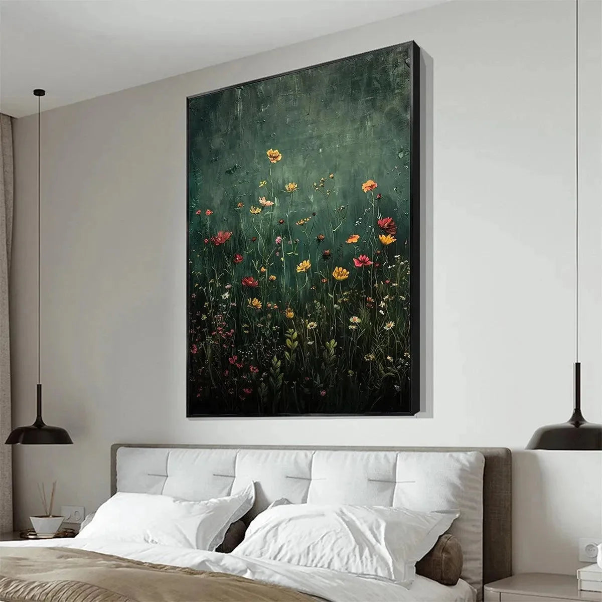 MEADOW'S EMBRACE: Moody Floral Botanical Painting, Vertical Wall Art | rolled canvas, ready for custom framing