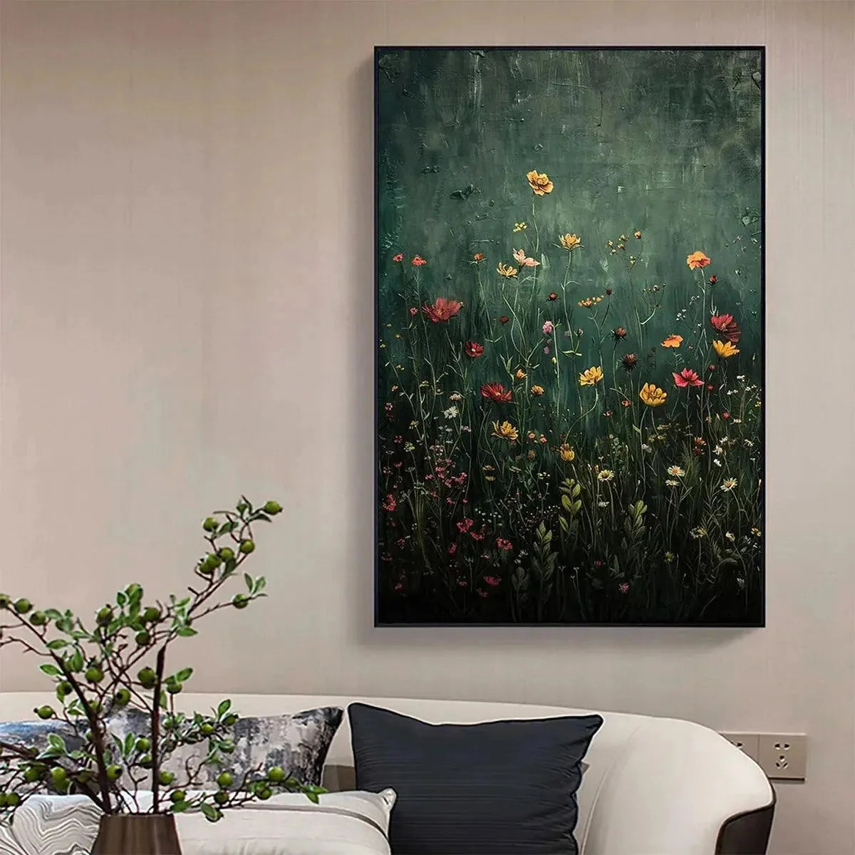 MEADOW'S EMBRACE: Moody Floral Botanical Painting, Vertical Wall Art | Abstract mood, soft natural light studio shot