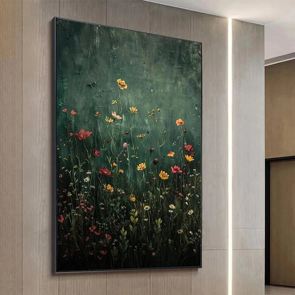 MEADOW'S EMBRACE: Moody Floral Botanical Painting, Vertical Wall Art | multi-color palette, original oil on stretched canvas art