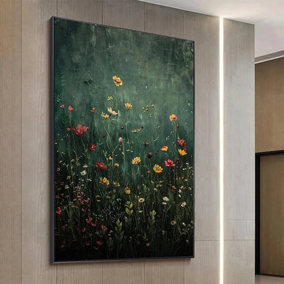 MEADOW'S EMBRACE: Moody Floral Botanical Painting, Vertical Wall Art | multi-color palette, original oil on stretched canvas art