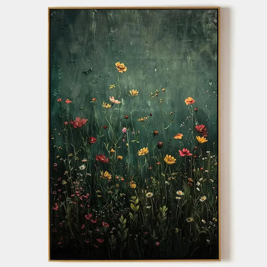 MEADOW'S EMBRACE: Moody Floral Botanical Painting, Vertical Wall Art | hanging in living room, Abstract wall art