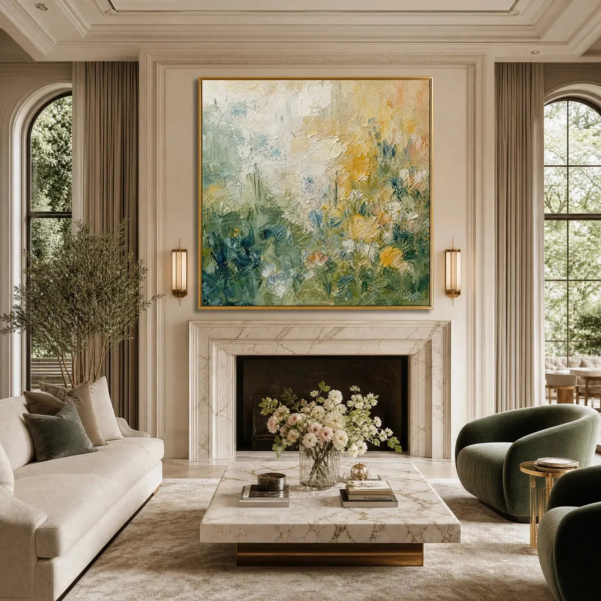 MEADOW'S EMBRACE: Textured Impasto Painting of a Wildflower Field | gold frame stretched on neutral wall