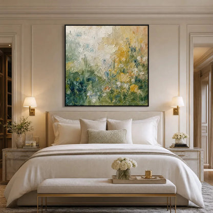 MEADOW'S EMBRACE: Textured Impasto Painting of a Wildflower Field | black frame version on white wall