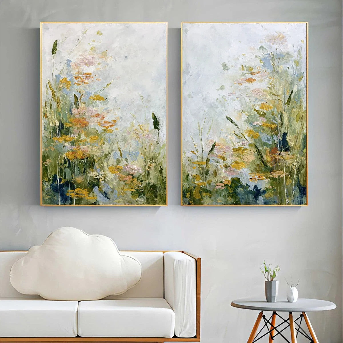MEADOW'S WHISPER: Impressionist Wildflower Meadow Painting Diptych | Impressionist closeup, raised brushwork detail