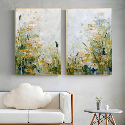 MEADOW'S WHISPER: Impressionist Wildflower Meadow Painting Diptych | Impressionist closeup, raised brushwork detail
