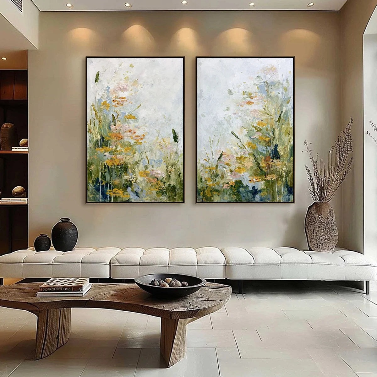 MEADOW'S WHISPER: Impressionist Wildflower Meadow Painting Diptych | gold frame stretched on neutral wall