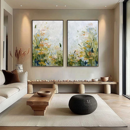 MEADOW'S WHISPER: Impressionist Wildflower Meadow Painting Diptych | black frame version on white wall