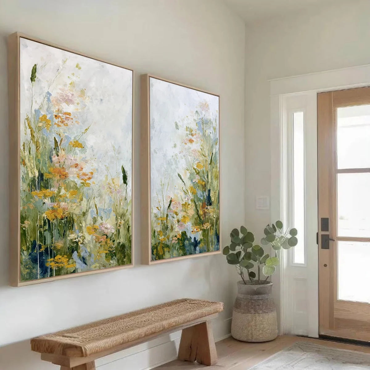 MEADOW'S WHISPER: Impressionist Wildflower Meadow Painting Diptych | Impressionist mood, soft natural light studio shot