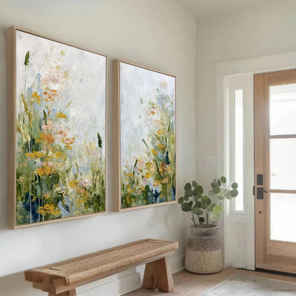 MEADOW'S WHISPER: Impressionist Wildflower Meadow Painting Diptych | Impressionist mood, soft natural light studio shot