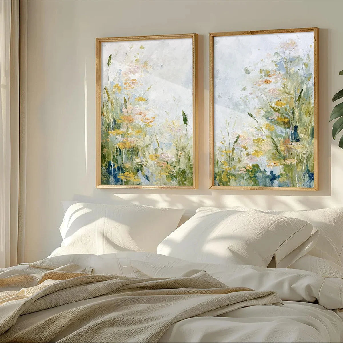 MEADOW'S WHISPER: Impressionist Wildflower Meadow Painting Diptych | multi-color palette, original oil on stretched canvas art