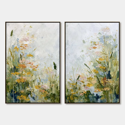 MEADOW'S WHISPER: Impressionist Wildflower Meadow Painting Diptych | hanging in living room, Impressionist wall art