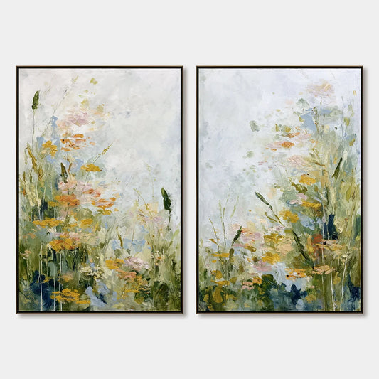 MEADOW'S WHISPER: Impressionist Wildflower Meadow Painting Diptych | hanging in living room, Impressionist wall art