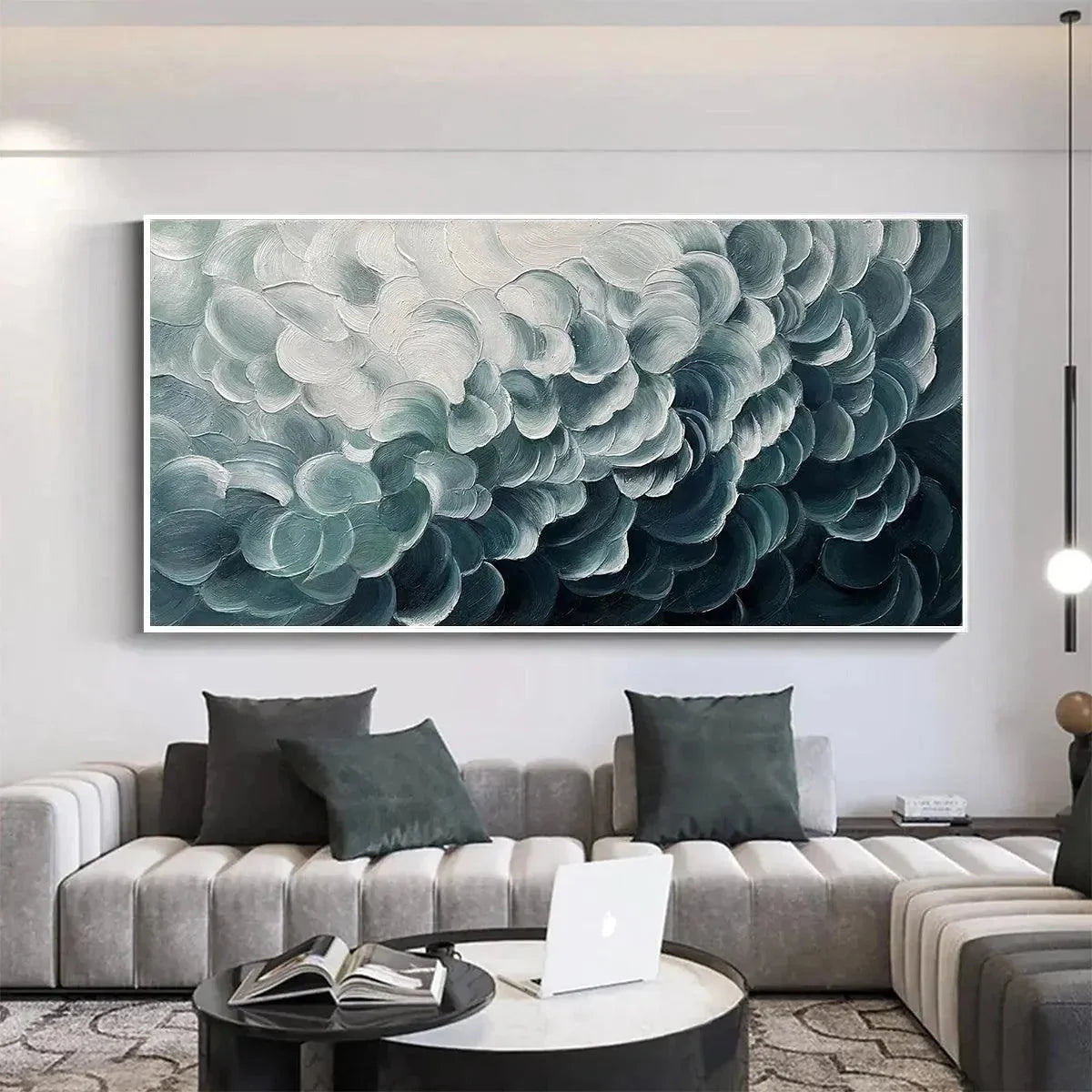 MEDITERRANEAN BREEZE: Abstract Teal White Impasto Oil Painting | gold frame stretched on neutral wall