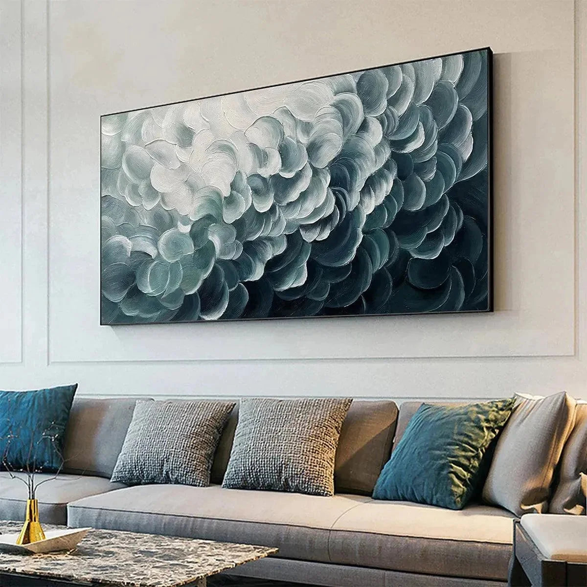 MEDITERRANEAN BREEZE: Abstract Teal White Impasto Oil Painting | black frame version on white wall