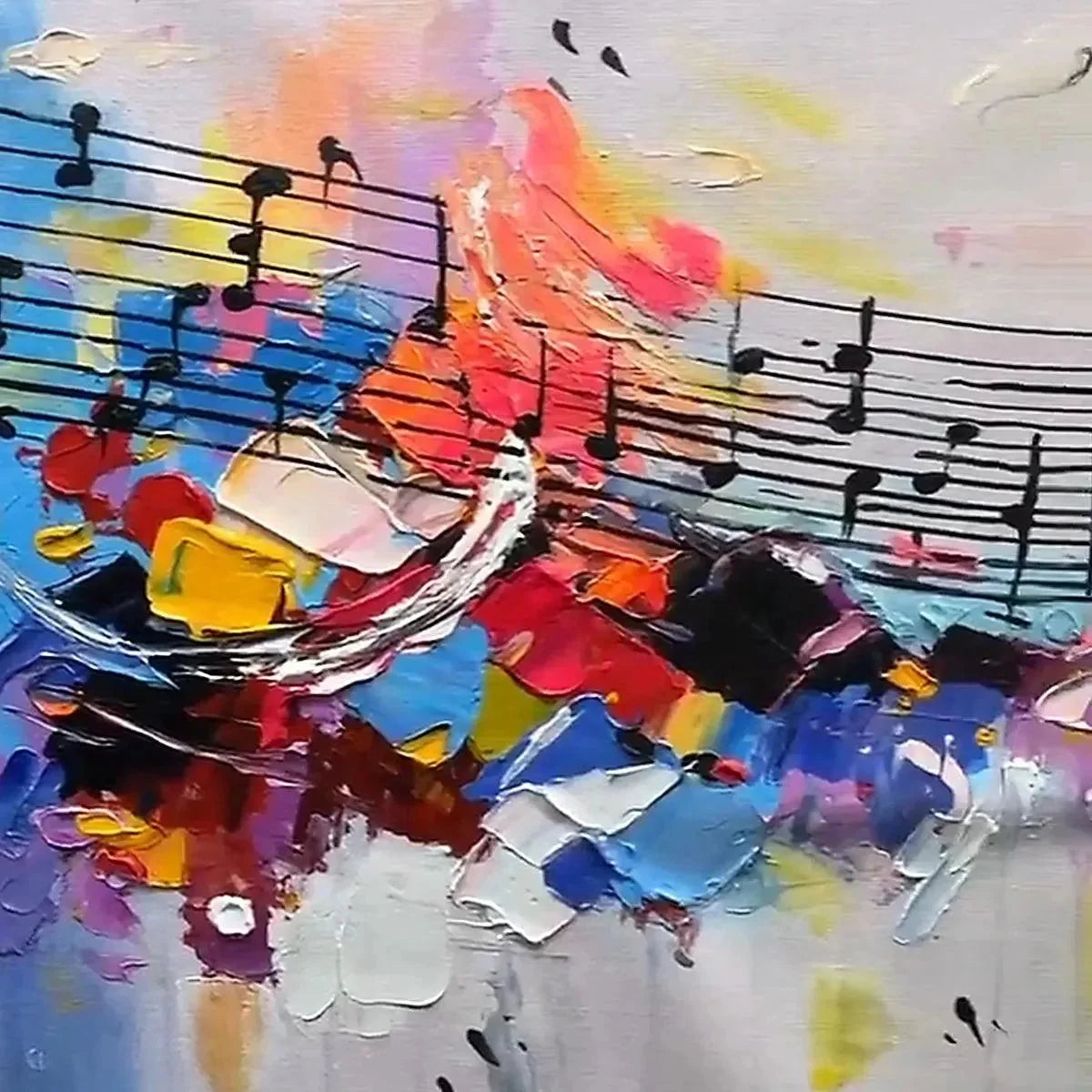 MELODY IN COLOR: Abstract Painting with Musical Notes | gold frame stretched on neutral wall