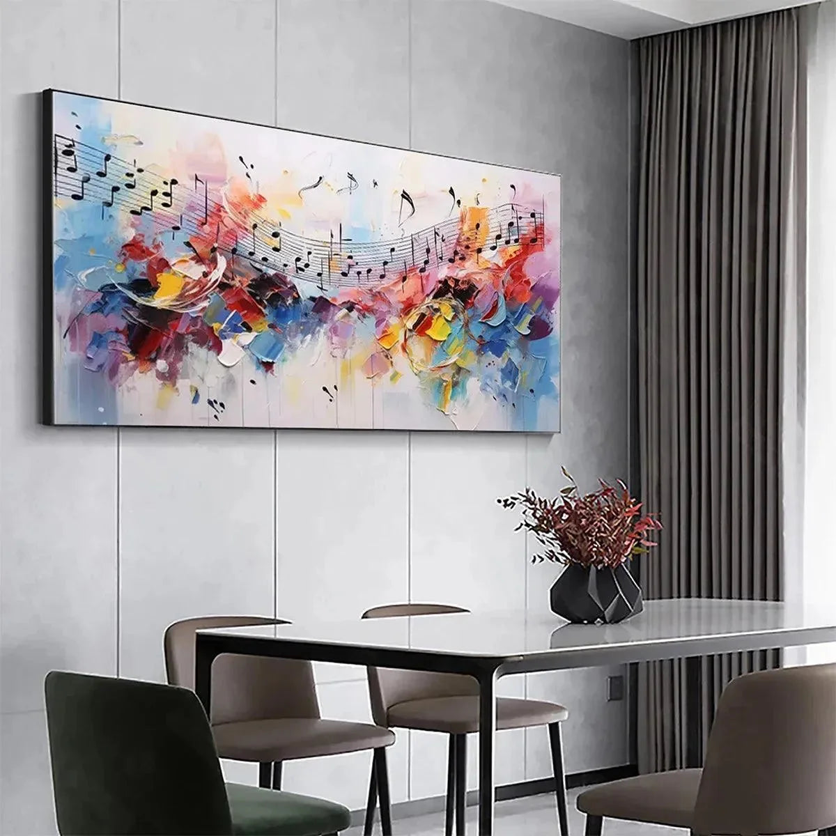 MELODY IN COLOR: Abstract Painting with Musical Notes | black frame version on white wall