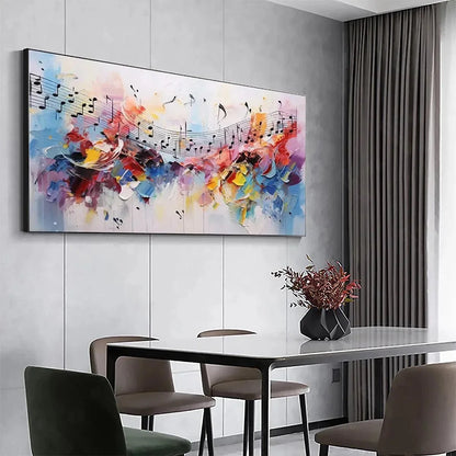 MELODY IN COLOR: Abstract Painting with Musical Notes | black frame version on white wall