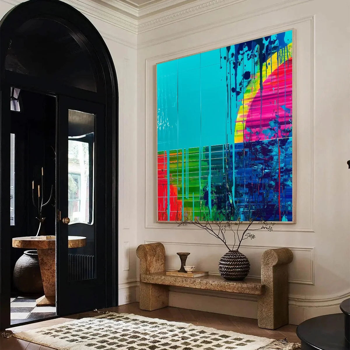 MELTING HORIZON: Vibrant Abstract Glitch Art Oil Painting | rectangular format, hand-painted canvas edge