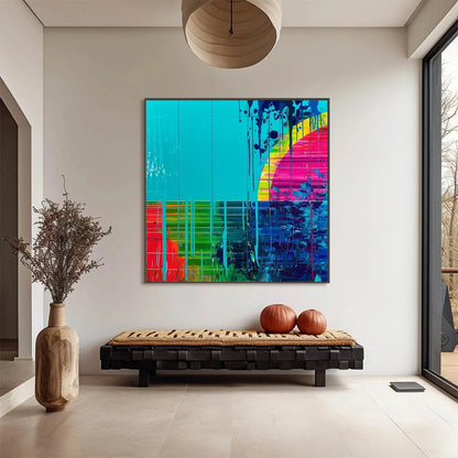 MELTING HORIZON: Vibrant Abstract Glitch Art Oil Painting | gold frame stretched on neutral wall