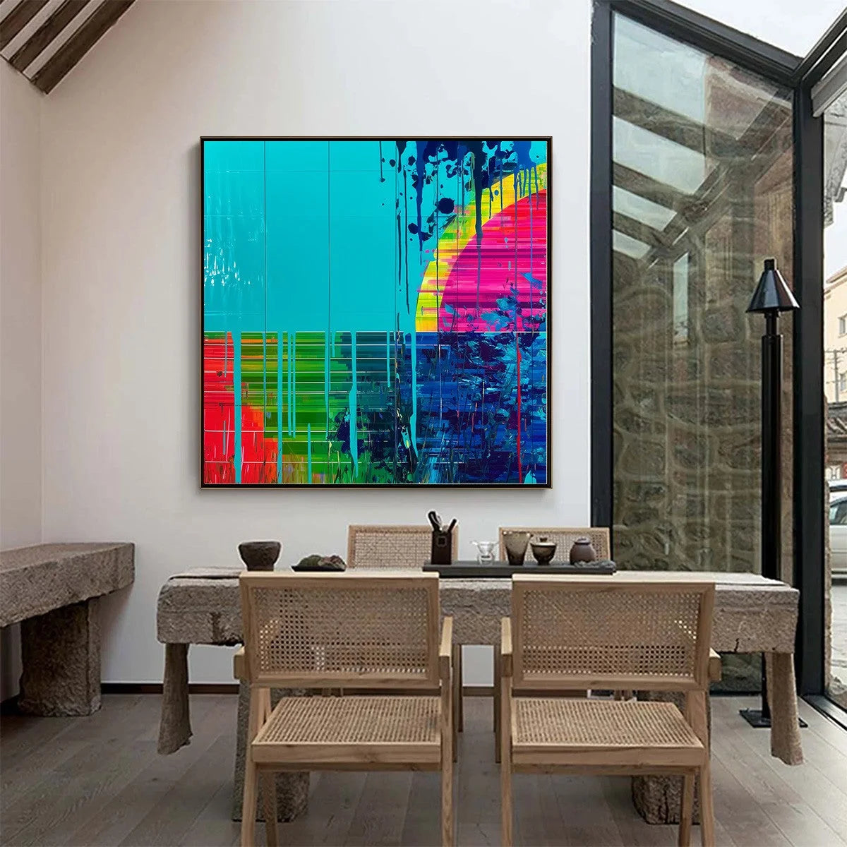 MELTING HORIZON: Vibrant Abstract Glitch Art Oil Painting | Abstract mood, soft natural light studio shot