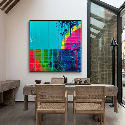 MELTING HORIZON: Vibrant Abstract Glitch Art Oil Painting | Abstract mood, soft natural light studio shot