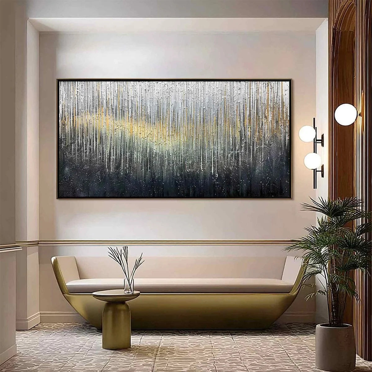 METALLIC CASCADE: Large Textured Abstract Gold and Silver Horizontal Painting | Abstract closeup, raised brushwork detail