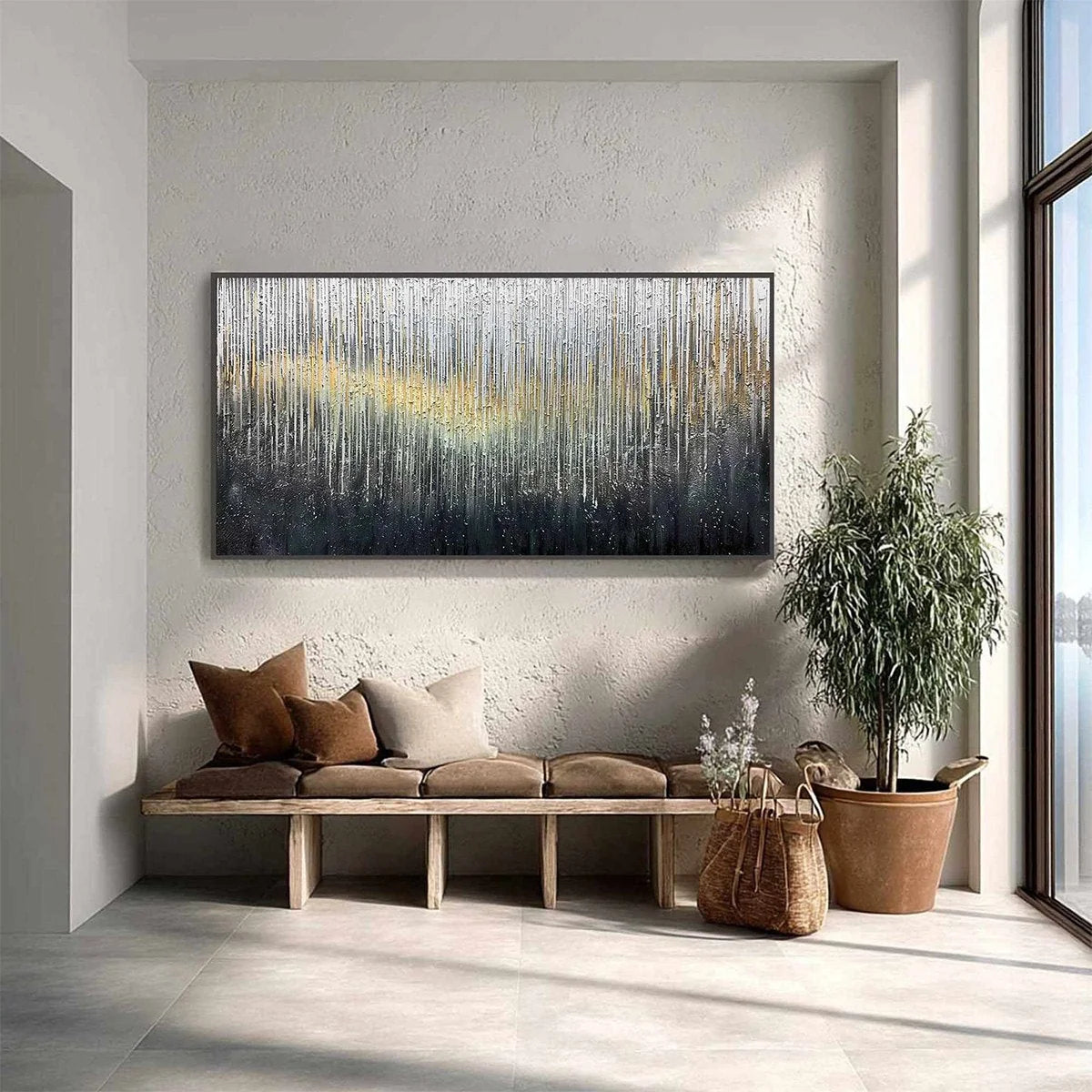 METALLIC CASCADE: Large Textured Abstract Gold and Silver Horizontal Painting | gold frame stretched on neutral wall