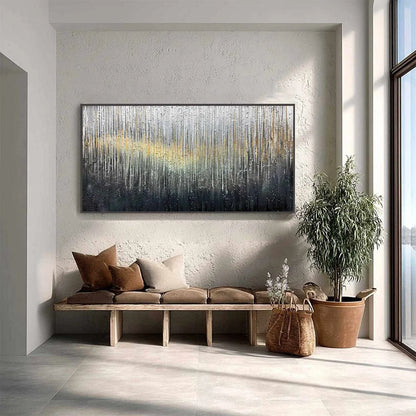 METALLIC CASCADE: Large Textured Abstract Gold and Silver Horizontal Painting | gold frame stretched on neutral wall