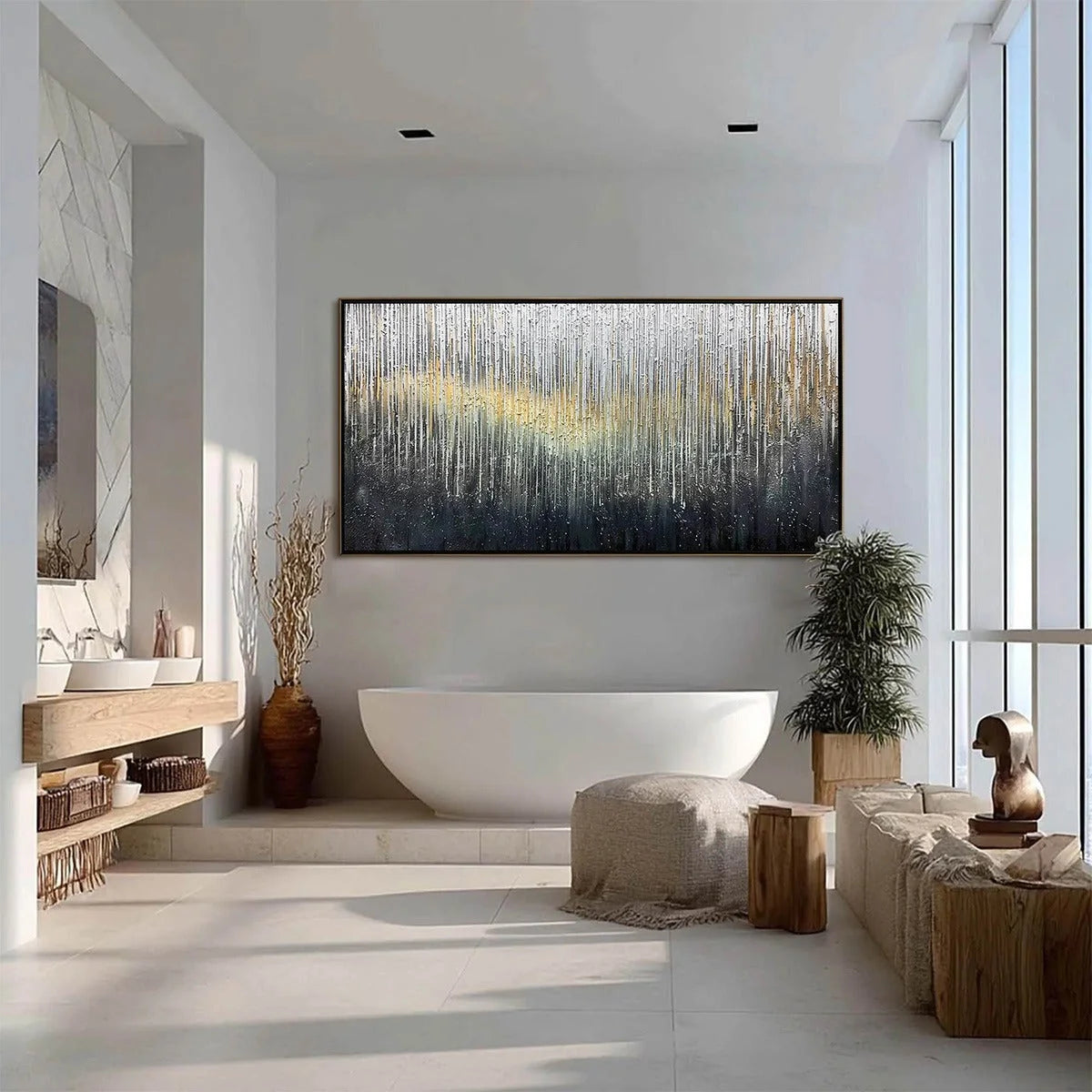 METALLIC CASCADE: Large Textured Abstract Gold and Silver Horizontal Painting | black frame version on white wall