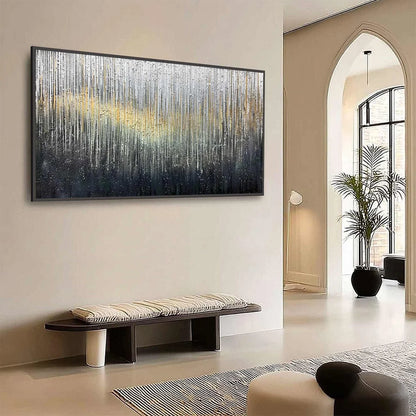 METALLIC CASCADE: Large Textured Abstract Gold and Silver Horizontal Painting | Abstract mood, soft natural light studio shot
