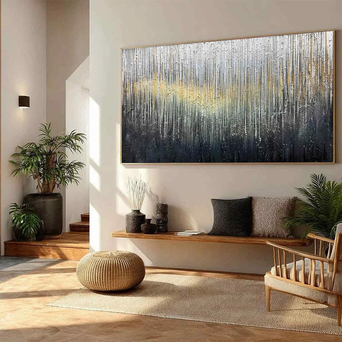 METALLIC CASCADE: Large Textured Abstract Gold and Silver Horizontal Painting | yellow palette, original oil on stretched canvas art
