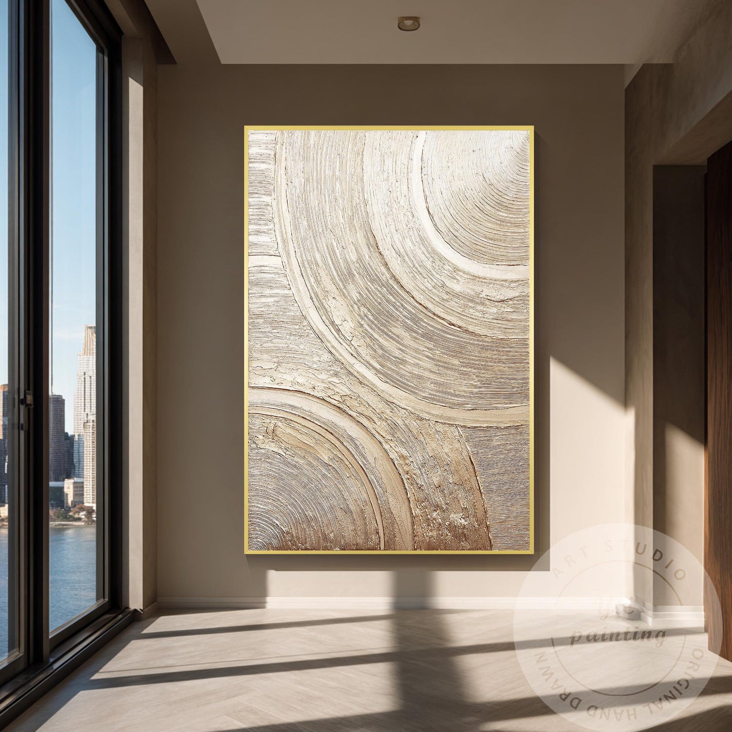 Metallic Textured Abstract Wall Art, Gold Circular Relief Painting, Luxury Minim #4