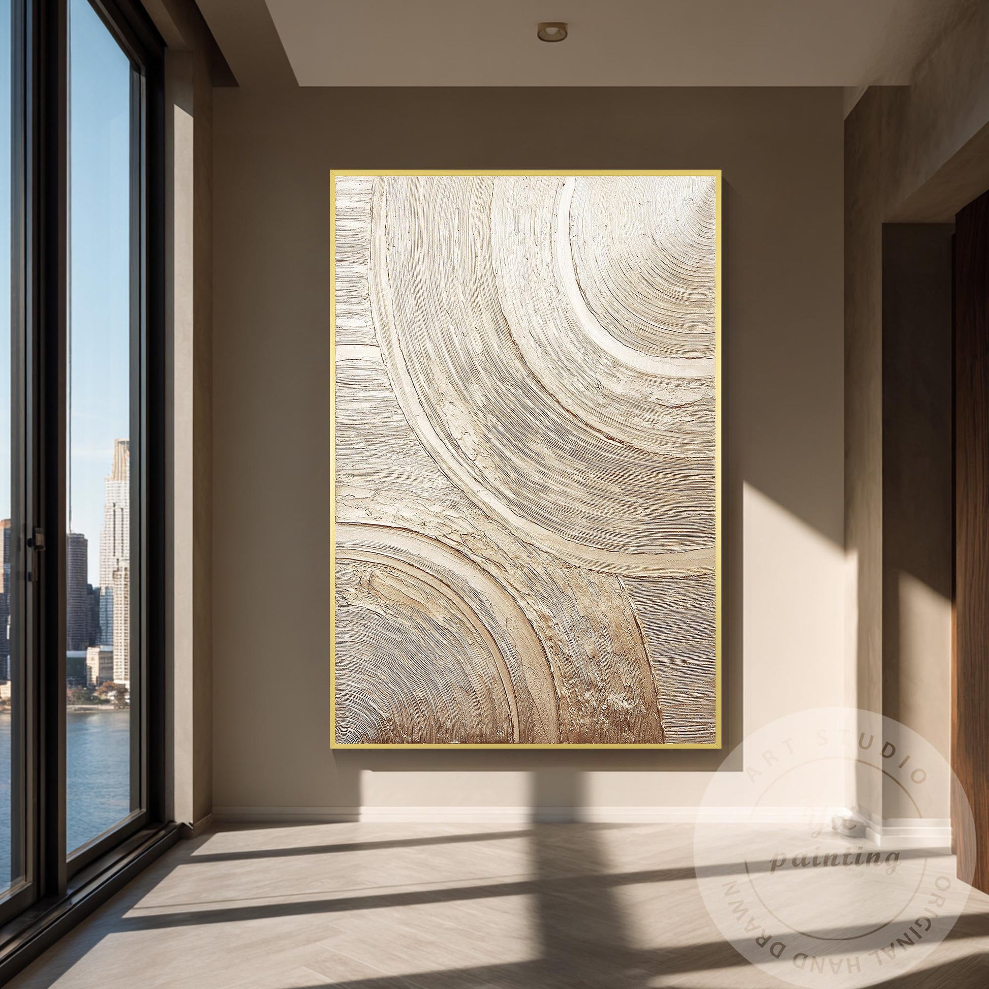 Metallic Textured Abstract Wall Art, Gold Circular Relief Painting, Luxury Minim #4