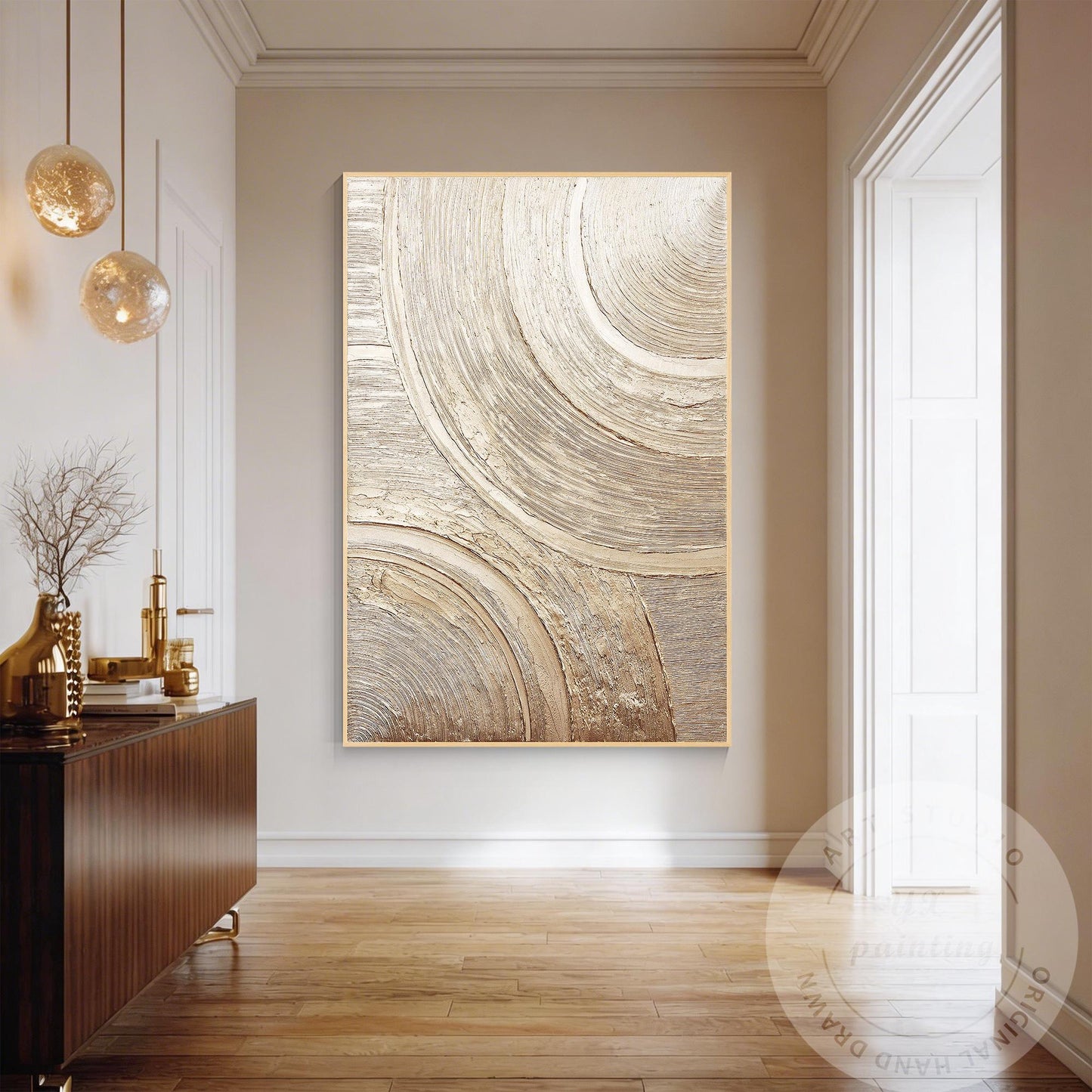 Metallic Textured Abstract Wall Art, Gold Circular Relief Painting, Luxury Minim #1